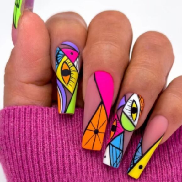 24 Piece Colourful Abstract Press On False Fake Nails Eyes - Picture 1 of 5